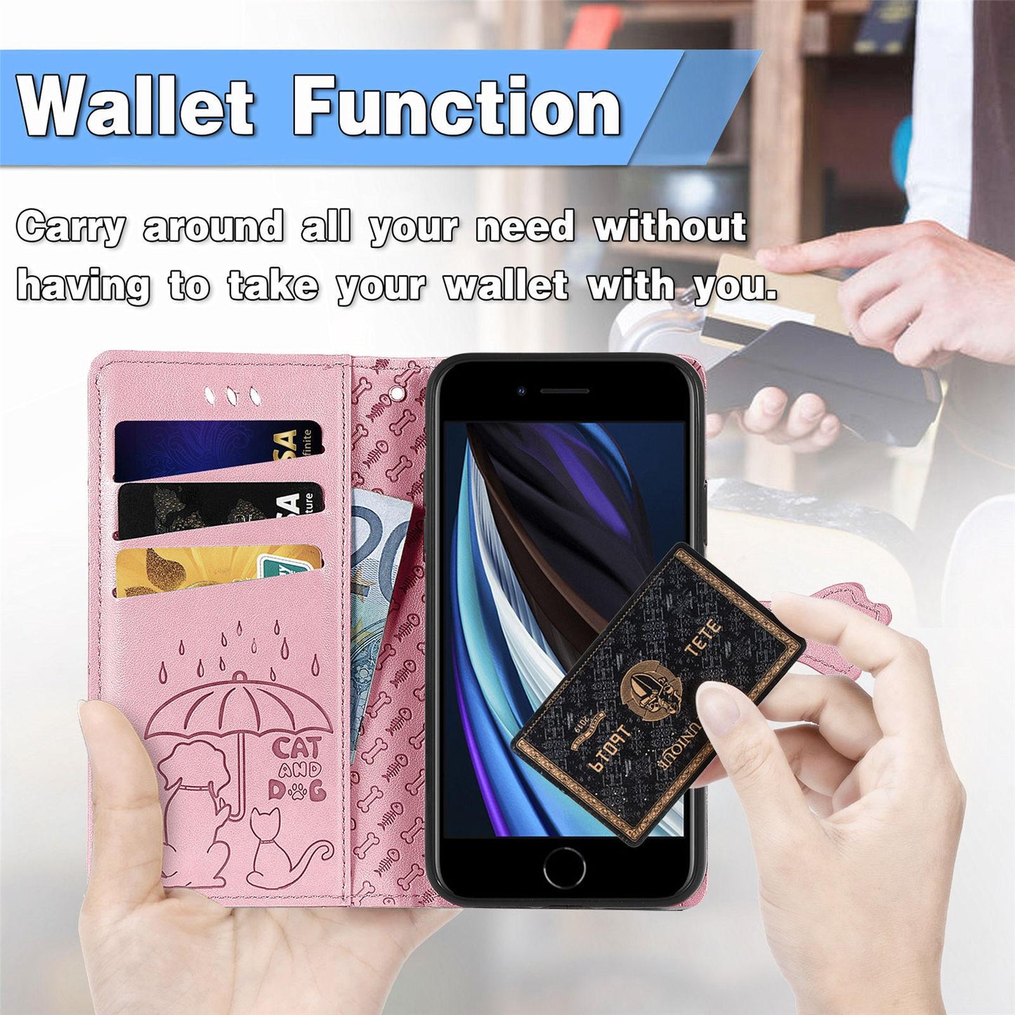 For iPhone 16e Cat and Dog Embossed Leather Phone Case(Pink)