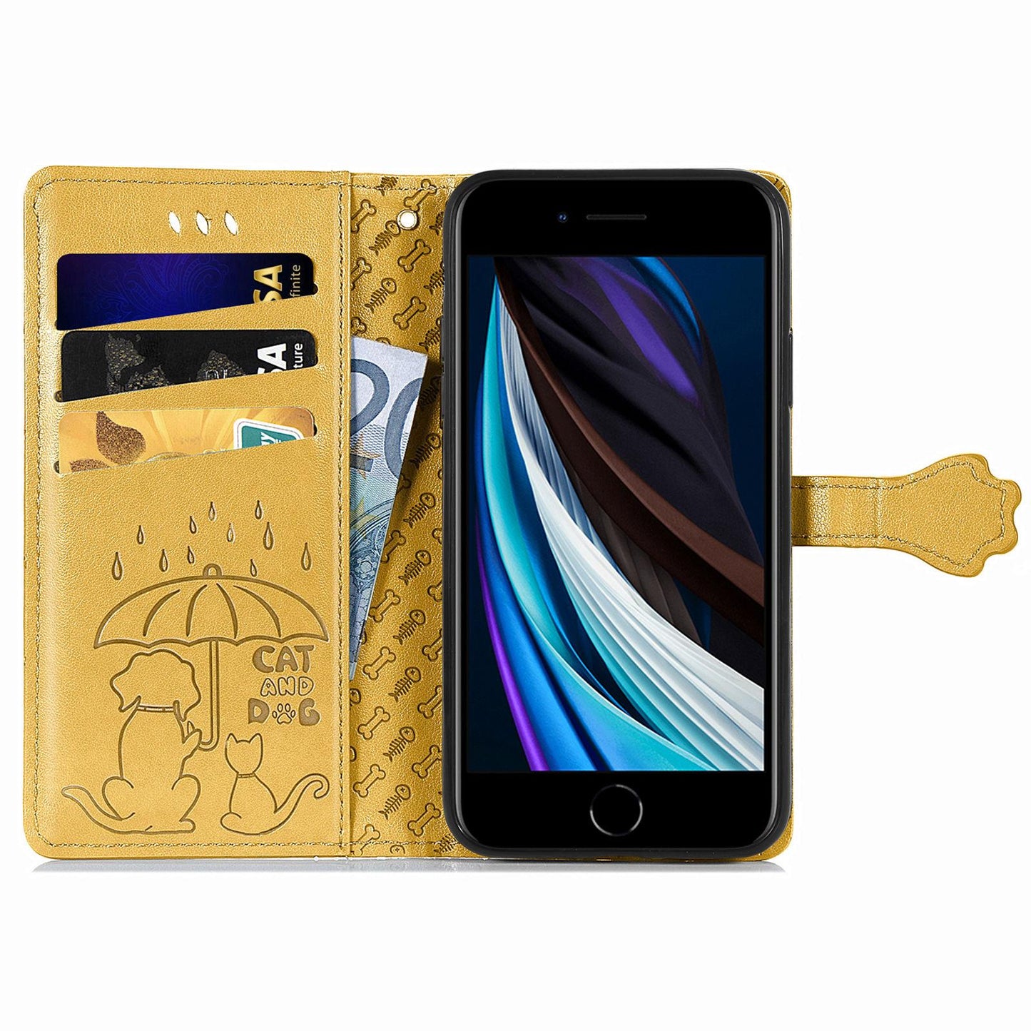 For iPhone 16e Cat and Dog Embossed Leather Phone Case(Yellow)