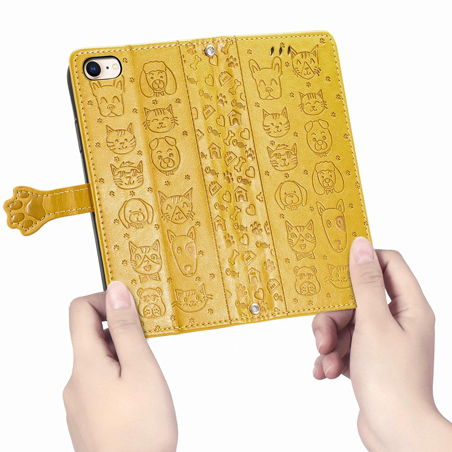 For iPhone 16e Cat and Dog Embossed Leather Phone Case(Yellow)