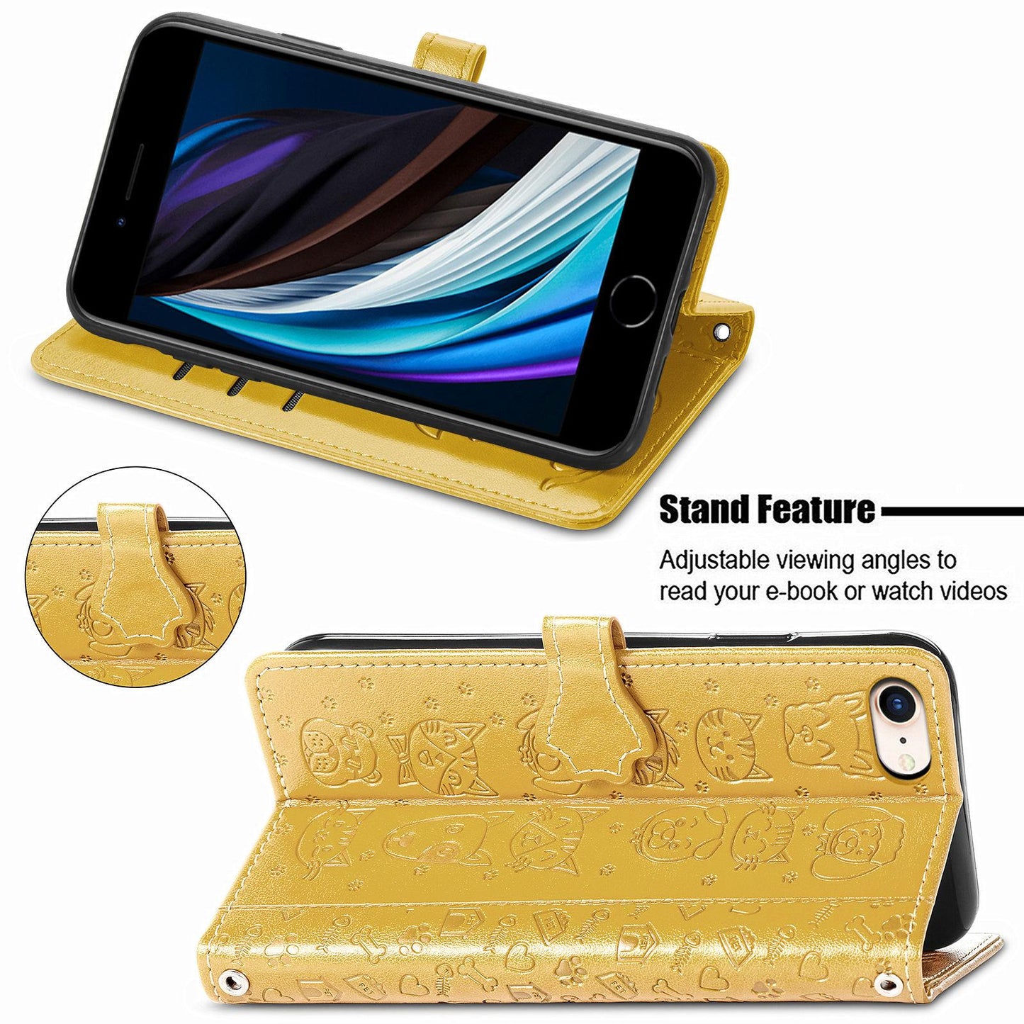 For iPhone 16e Cat and Dog Embossed Leather Phone Case(Yellow)