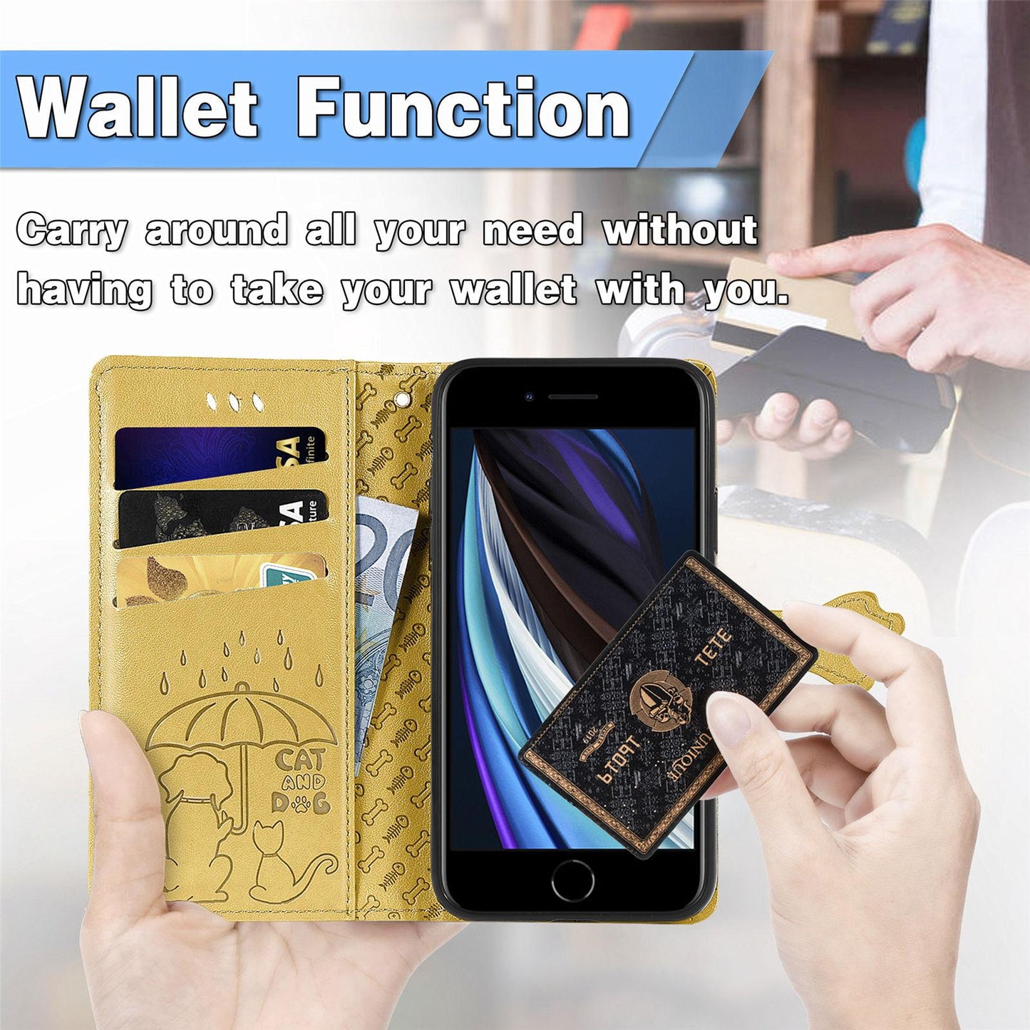 For iPhone 16e Cat and Dog Embossed Leather Phone Case(Yellow)