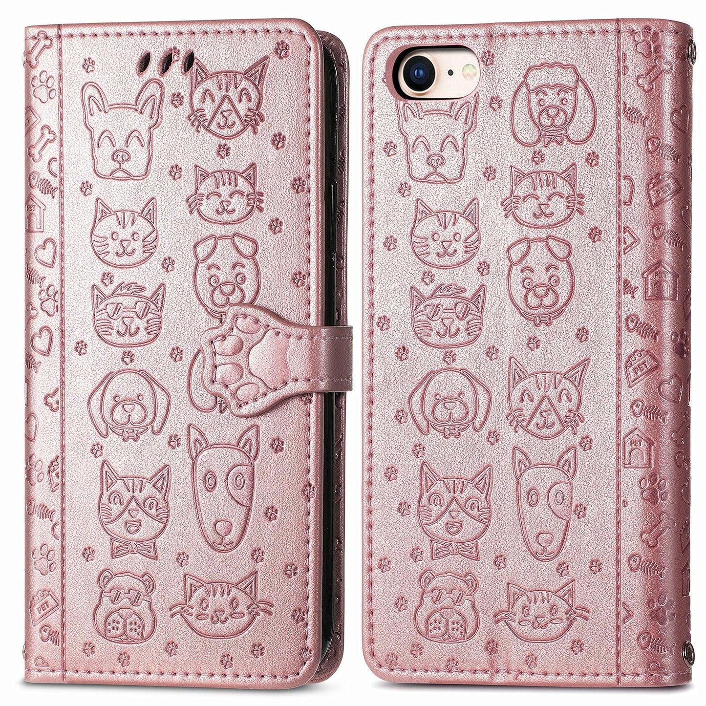 For iPhone 16e Cat and Dog Embossed Leather Phone Case(Rose Gold)