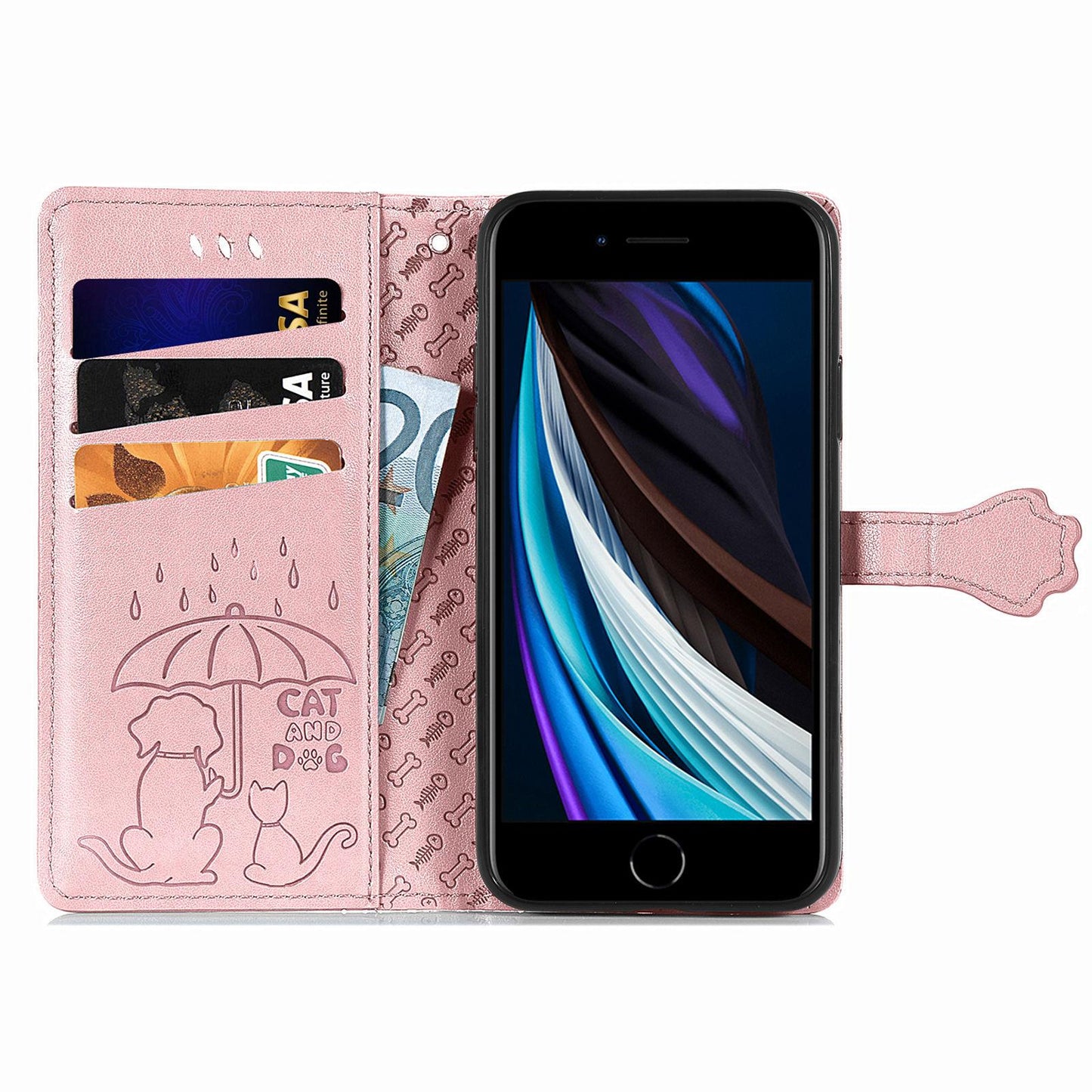 For iPhone 16e Cat and Dog Embossed Leather Phone Case(Rose Gold)