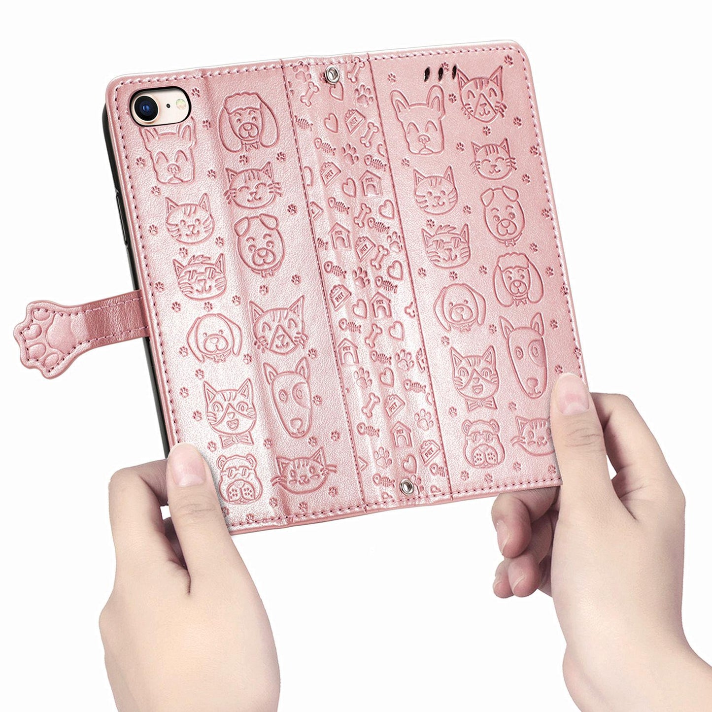 For iPhone 16e Cat and Dog Embossed Leather Phone Case(Rose Gold)