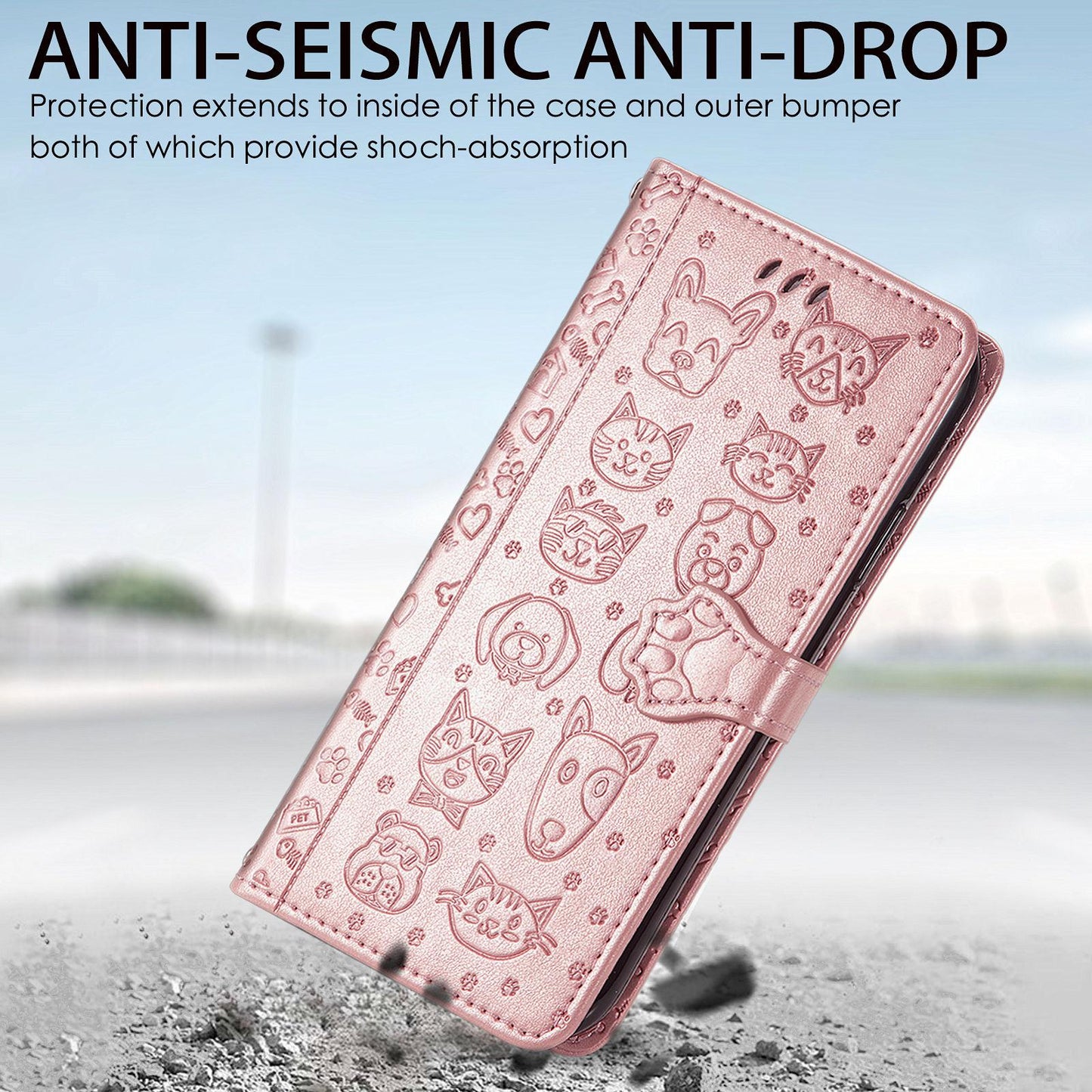 For iPhone 16e Cat and Dog Embossed Leather Phone Case(Rose Gold)