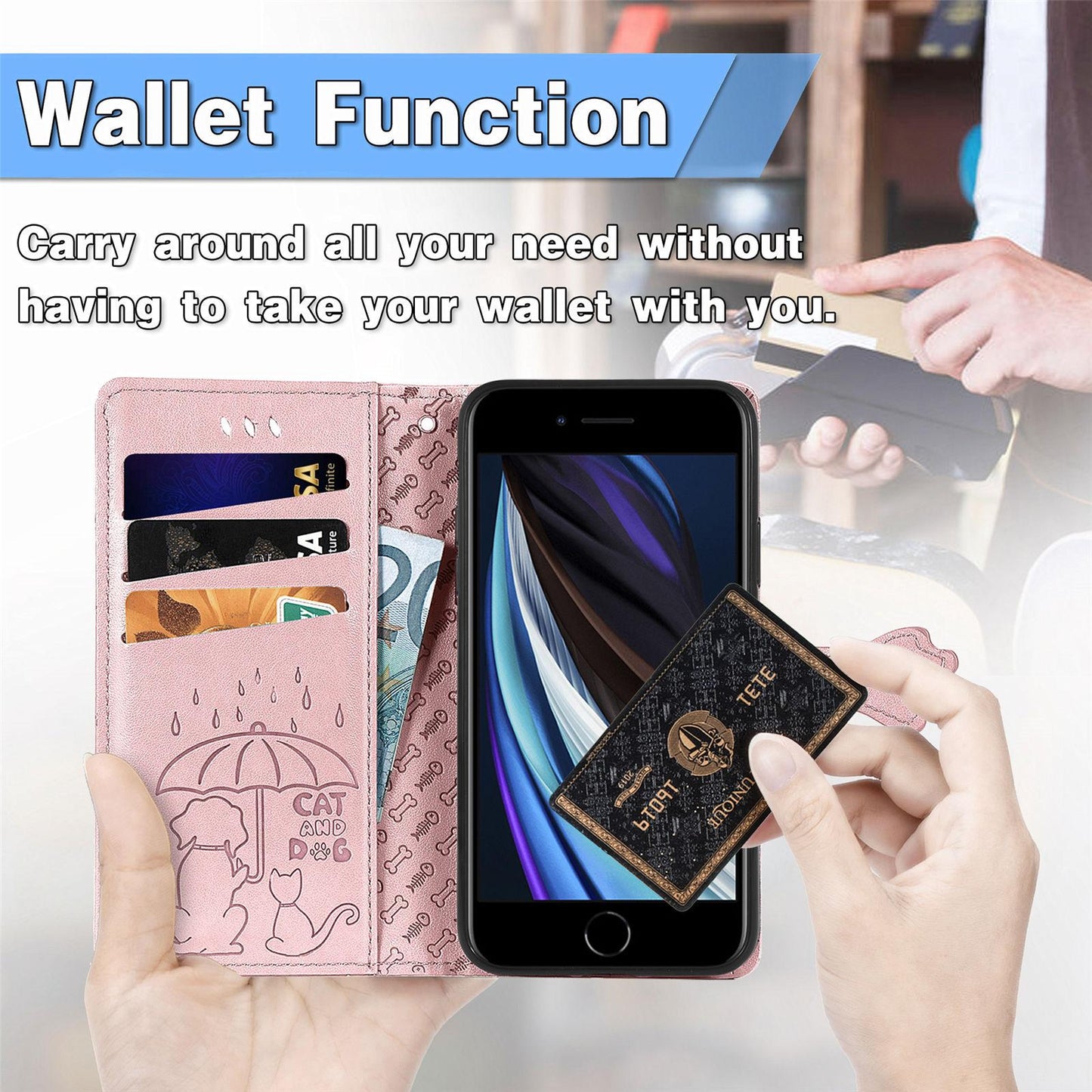 For iPhone 16e Cat and Dog Embossed Leather Phone Case(Rose Gold)