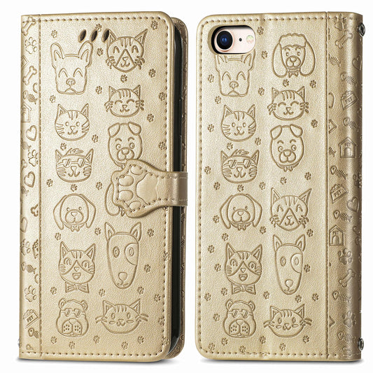 For iPhone 16e Cat and Dog Embossed Leather Phone Case(Gold)