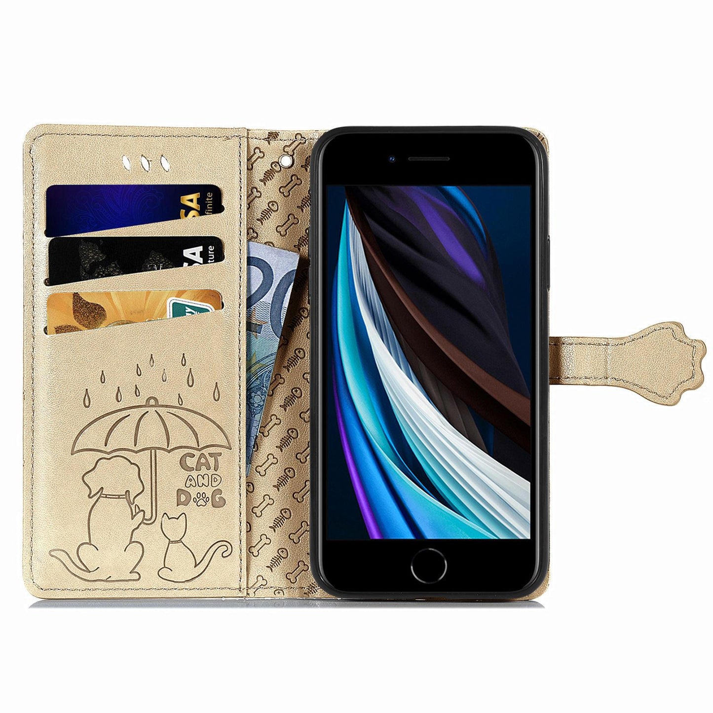 For iPhone 16e Cat and Dog Embossed Leather Phone Case(Gold)