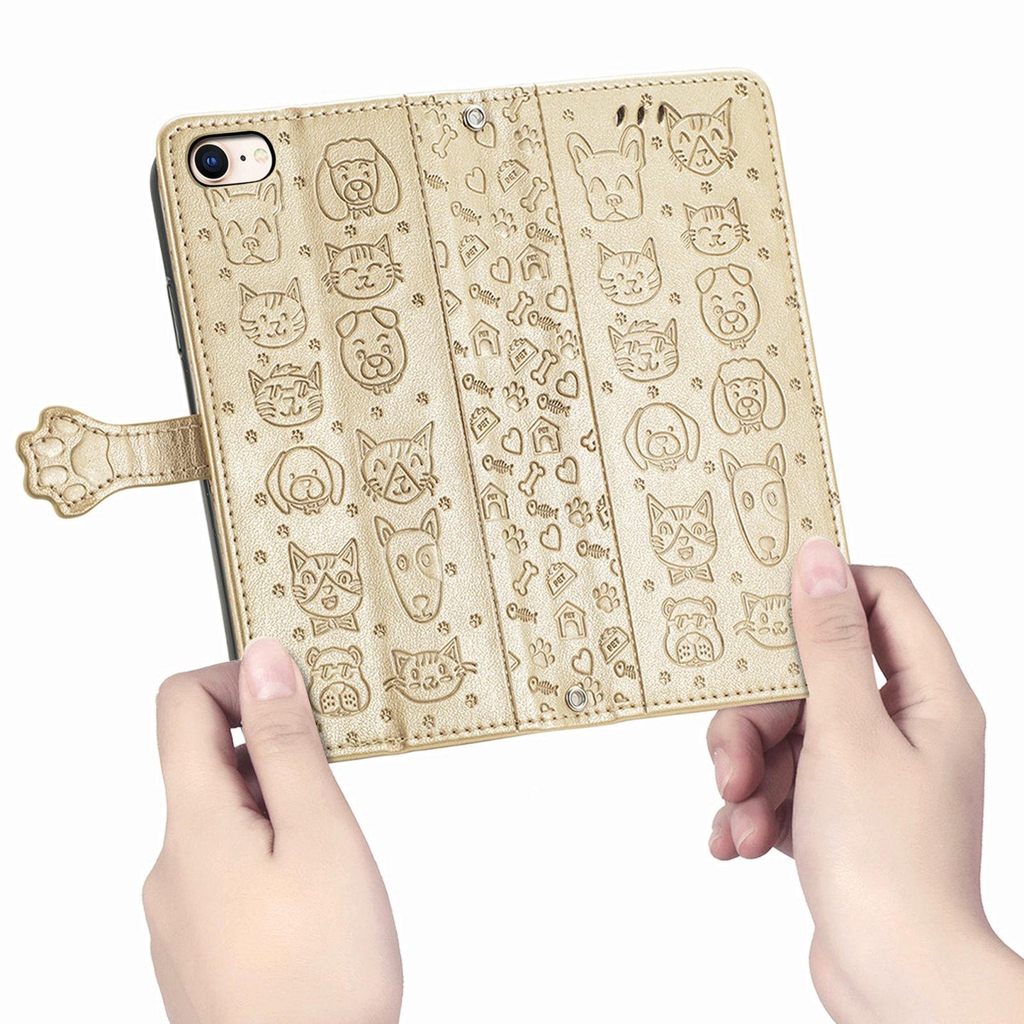For iPhone 16e Cat and Dog Embossed Leather Phone Case(Gold)