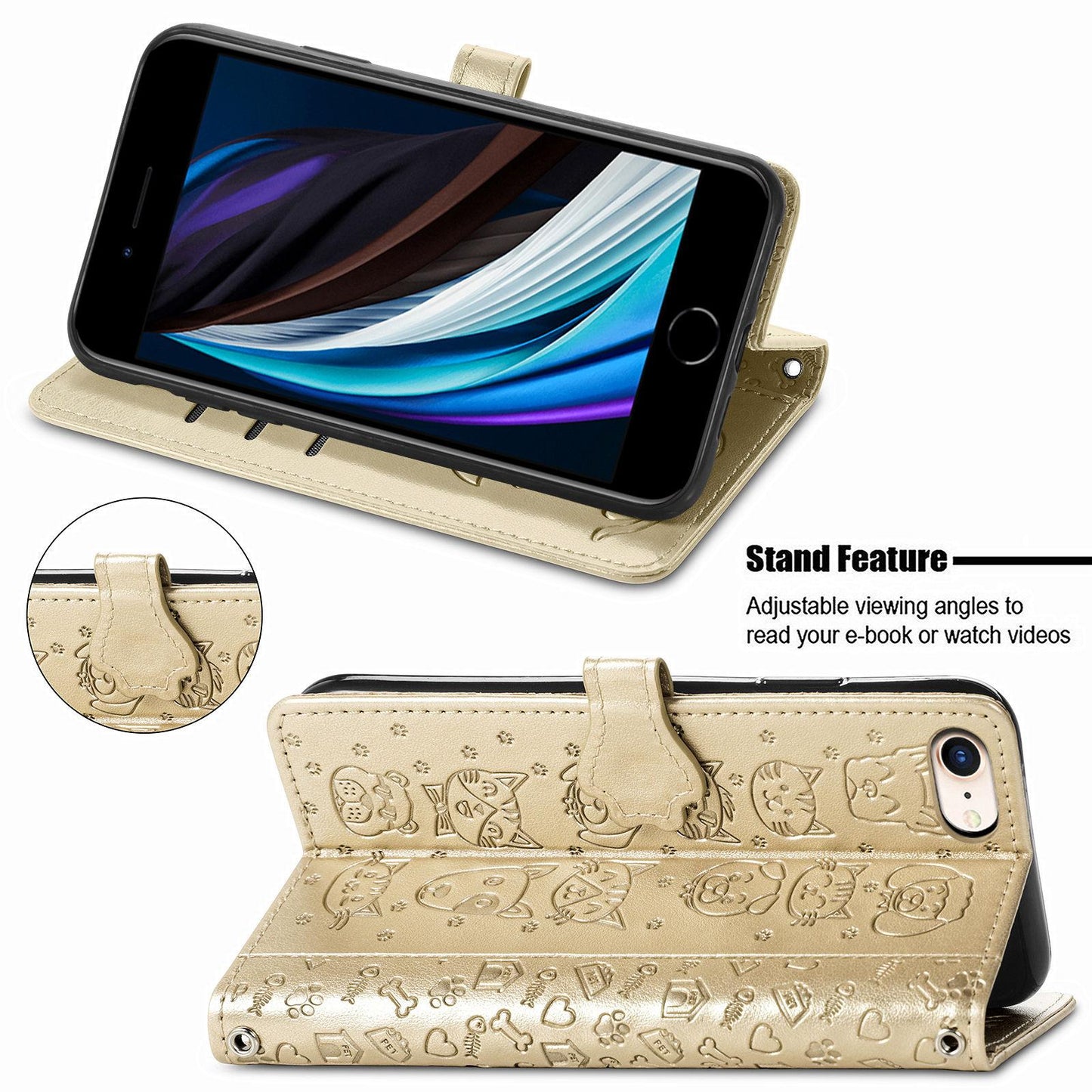 For iPhone 16e Cat and Dog Embossed Leather Phone Case(Gold)