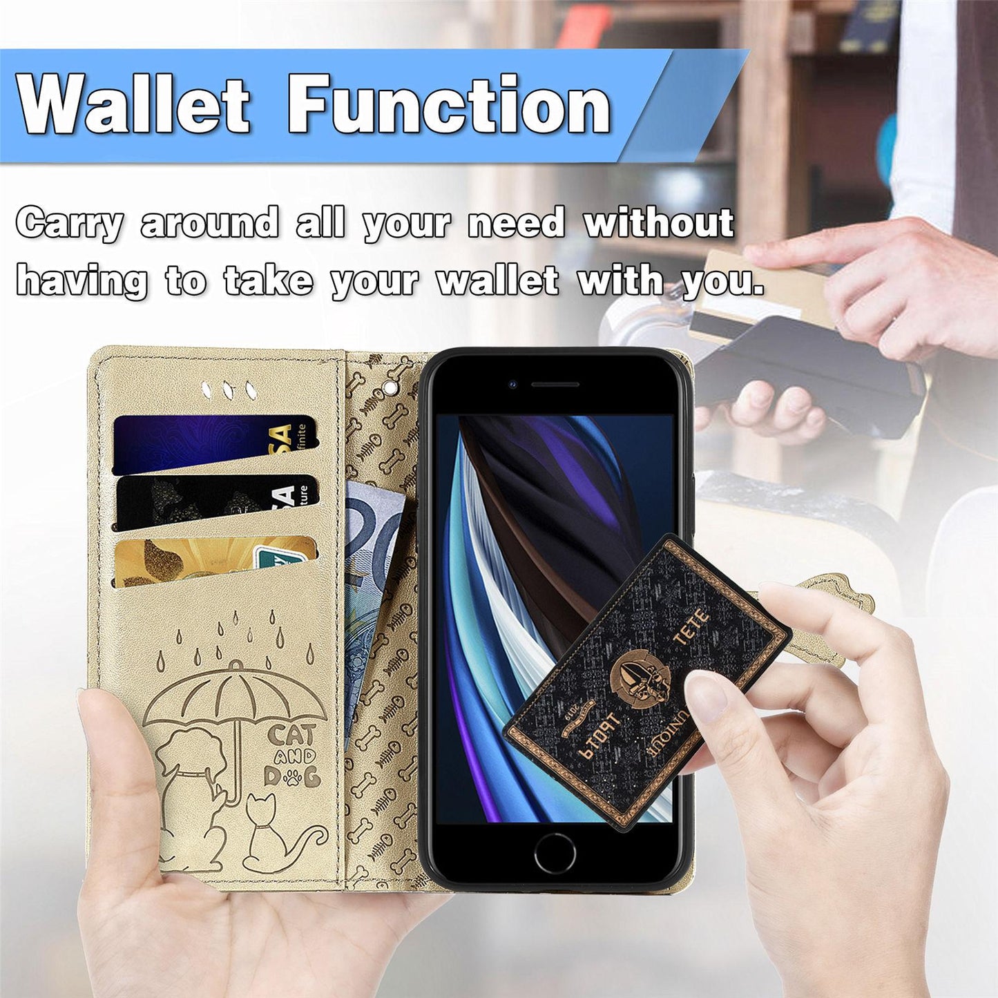 For iPhone 16e Cat and Dog Embossed Leather Phone Case(Gold)