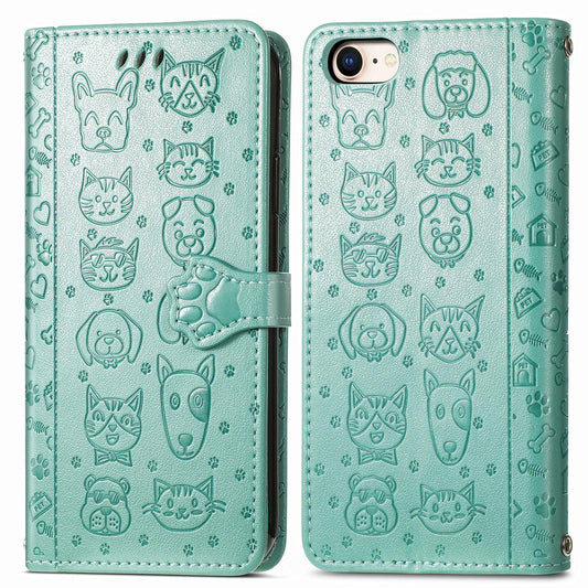For iPhone 16e Cat and Dog Embossed Leather Phone Case(Green)