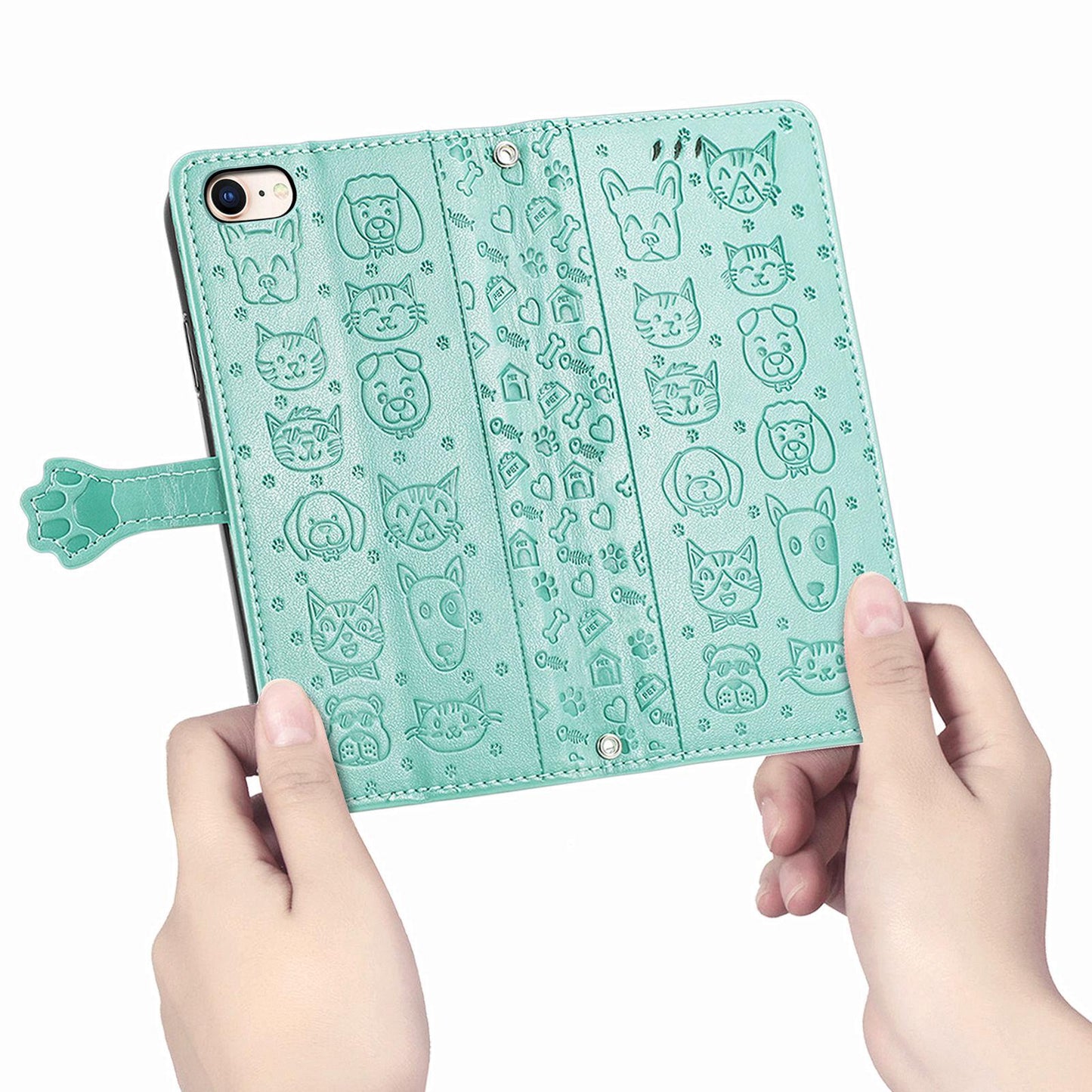 For iPhone 16e Cat and Dog Embossed Leather Phone Case(Green)