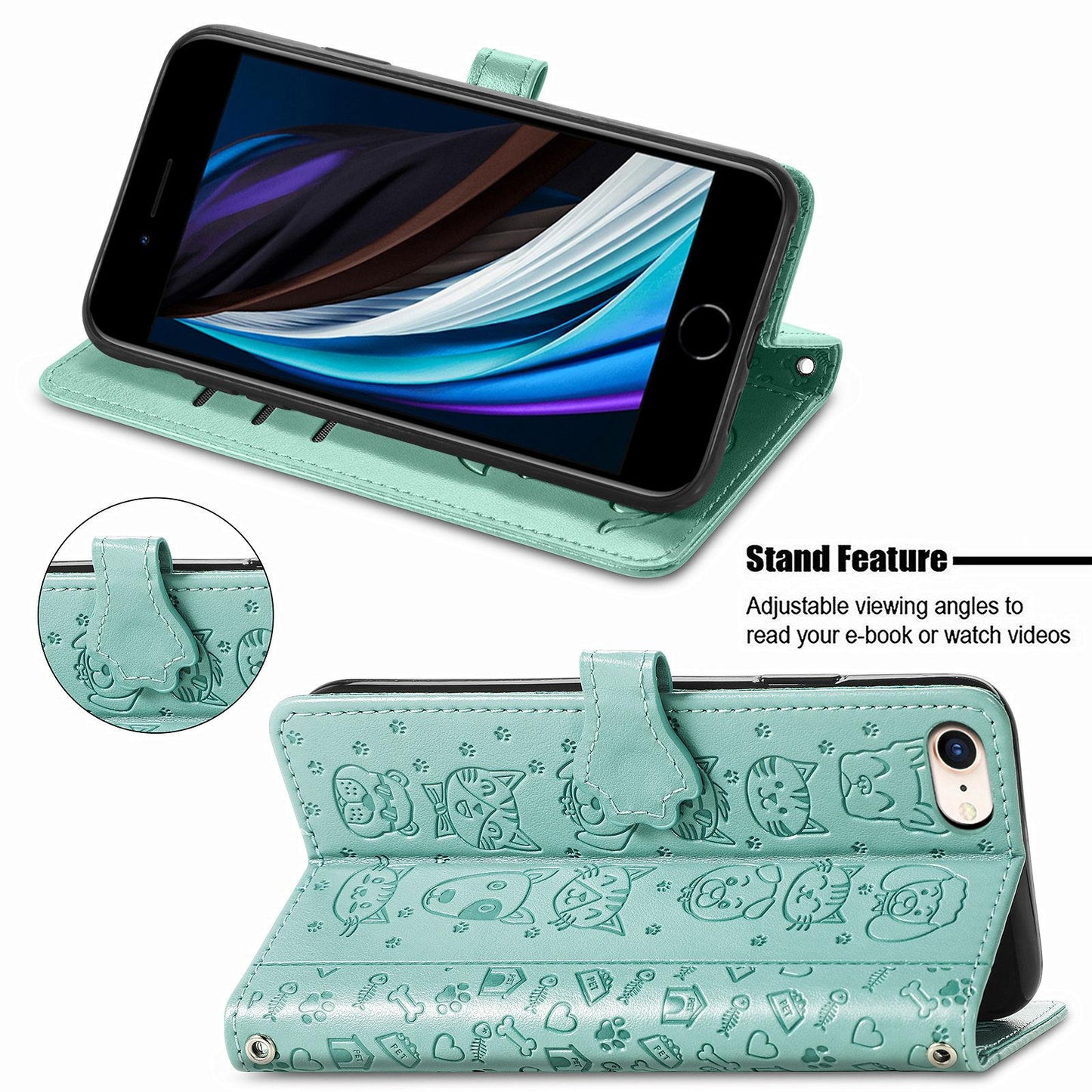 For iPhone 16e Cat and Dog Embossed Leather Phone Case(Green)