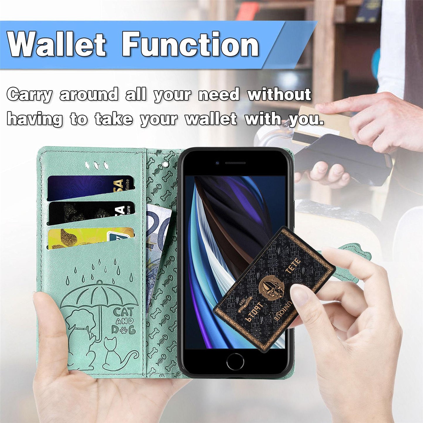 For iPhone 16e Cat and Dog Embossed Leather Phone Case(Green)