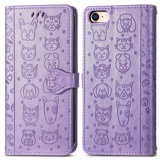 For iPhone 16e Cat and Dog Embossed Leather Phone Case(Purple)