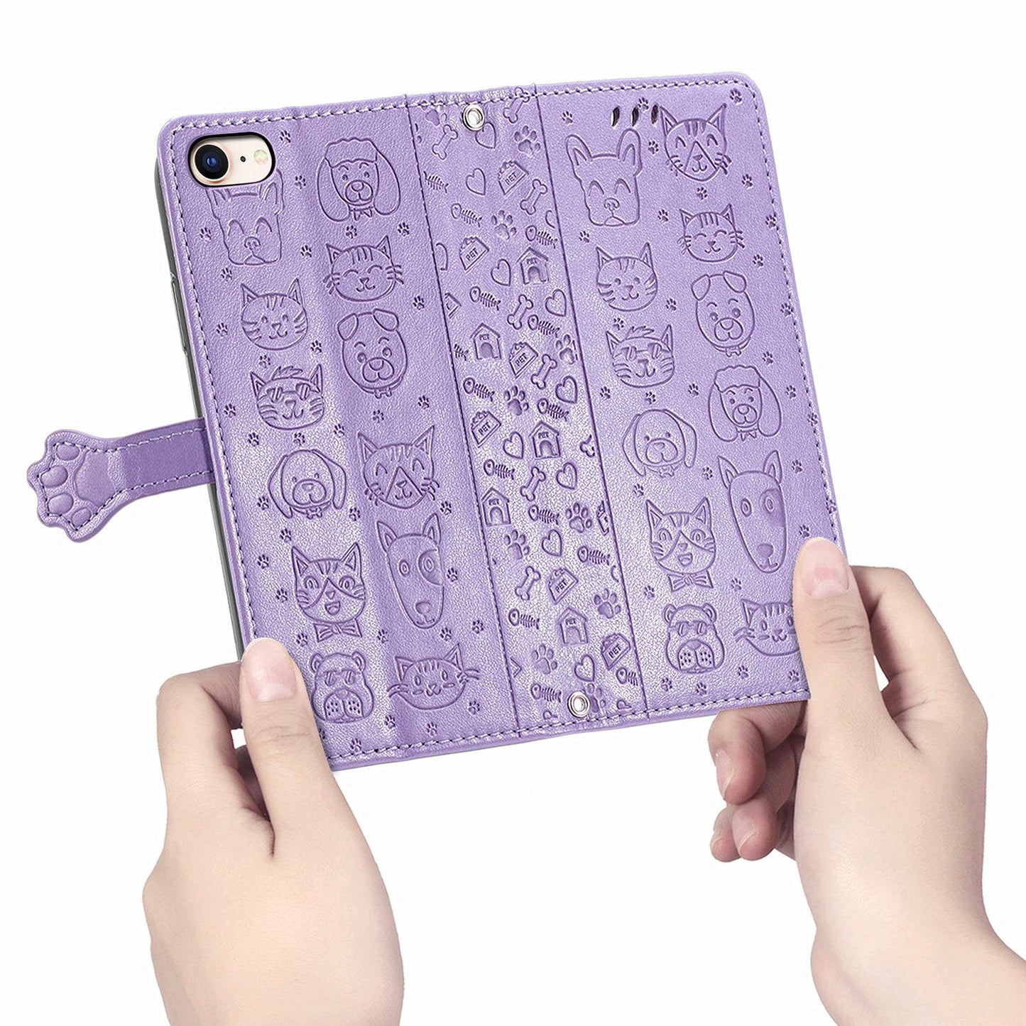 For iPhone 16e Cat and Dog Embossed Leather Phone Case(Purple)