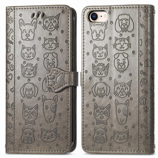 For iPhone 16e Cat and Dog Embossed Leather Phone Case(Gray)