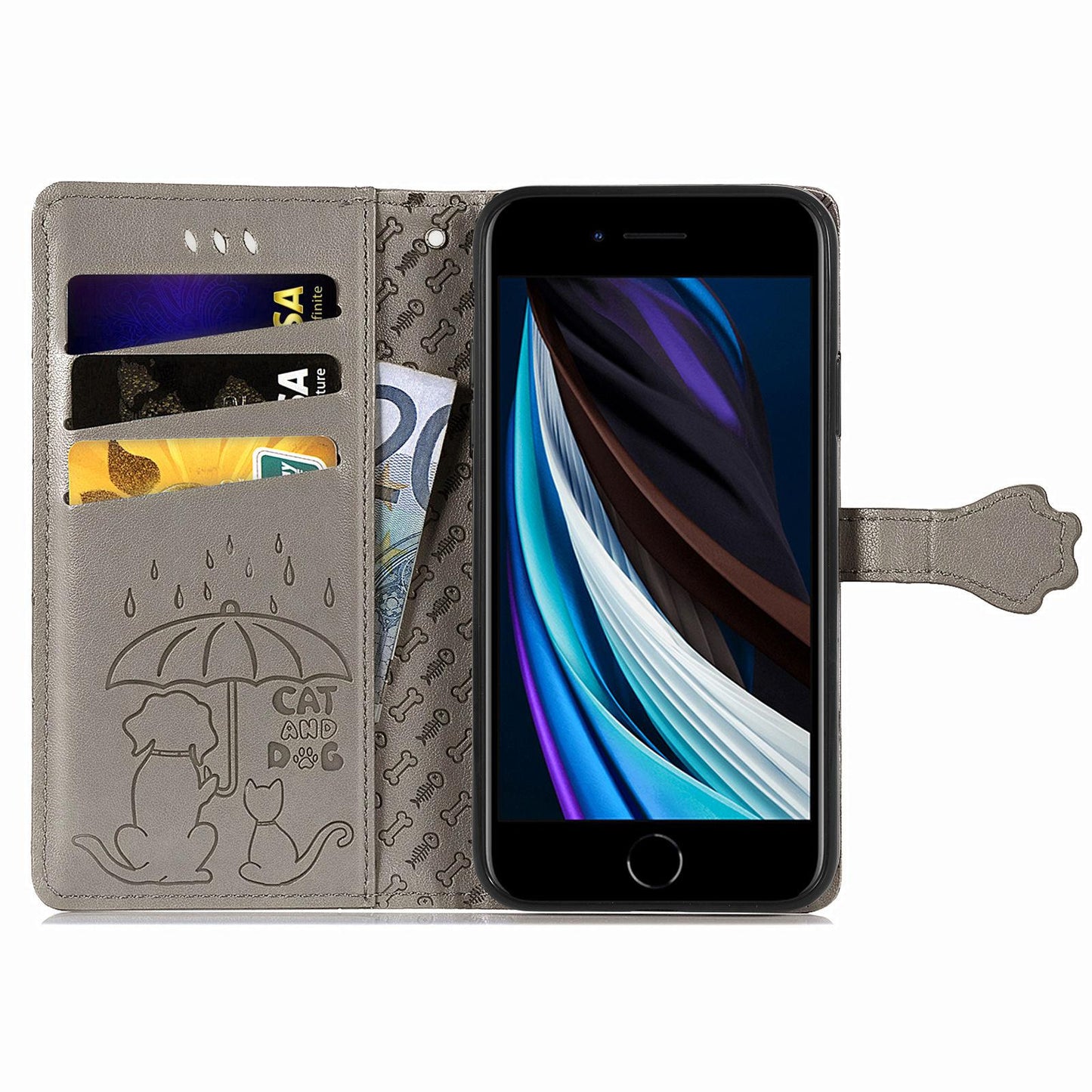 For iPhone 16e Cat and Dog Embossed Leather Phone Case(Gray)