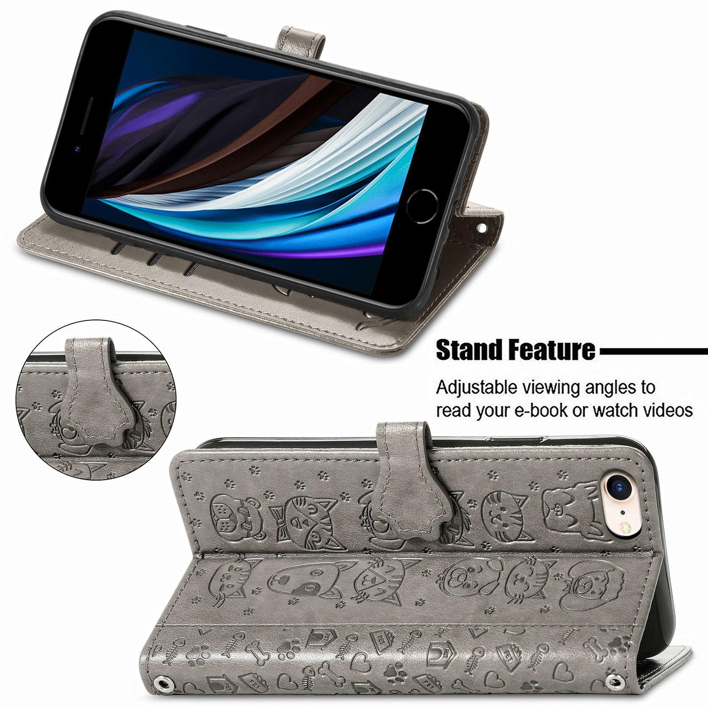 For iPhone 16e Cat and Dog Embossed Leather Phone Case(Gray)