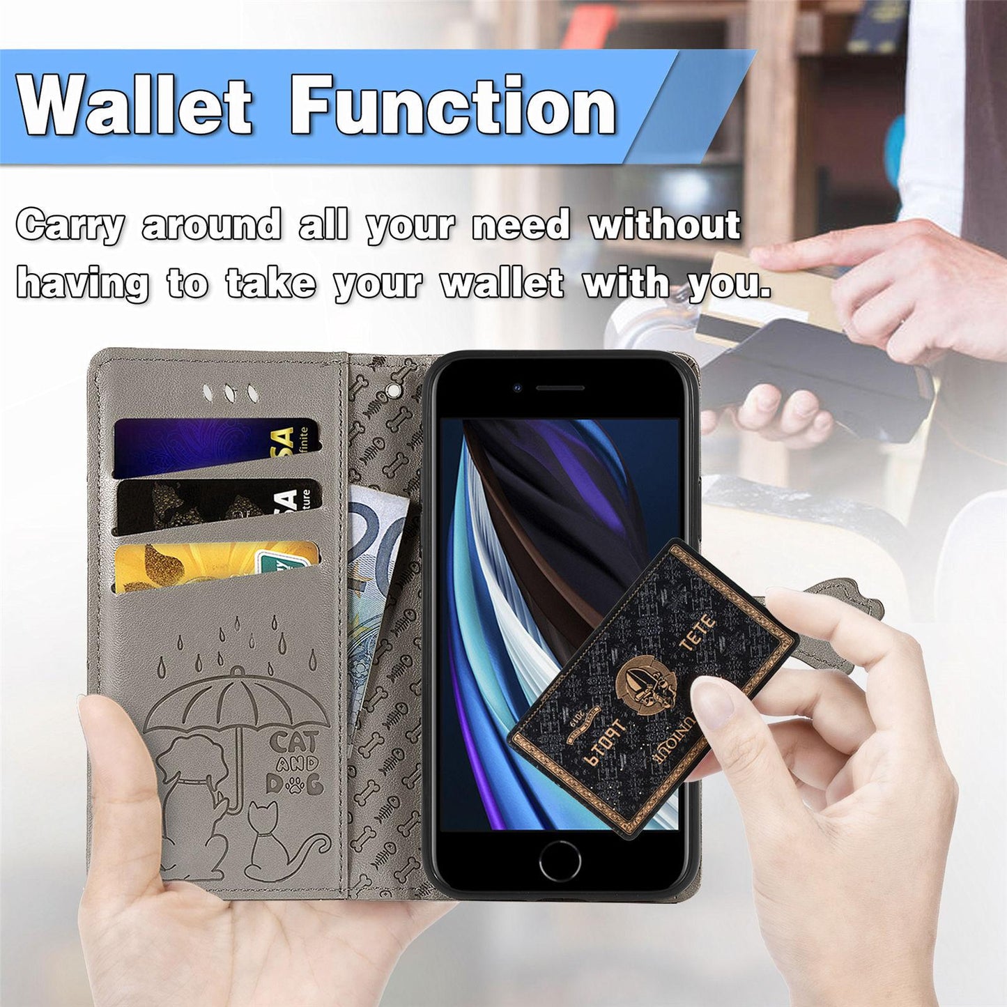 For iPhone 16e Cat and Dog Embossed Leather Phone Case(Gray)