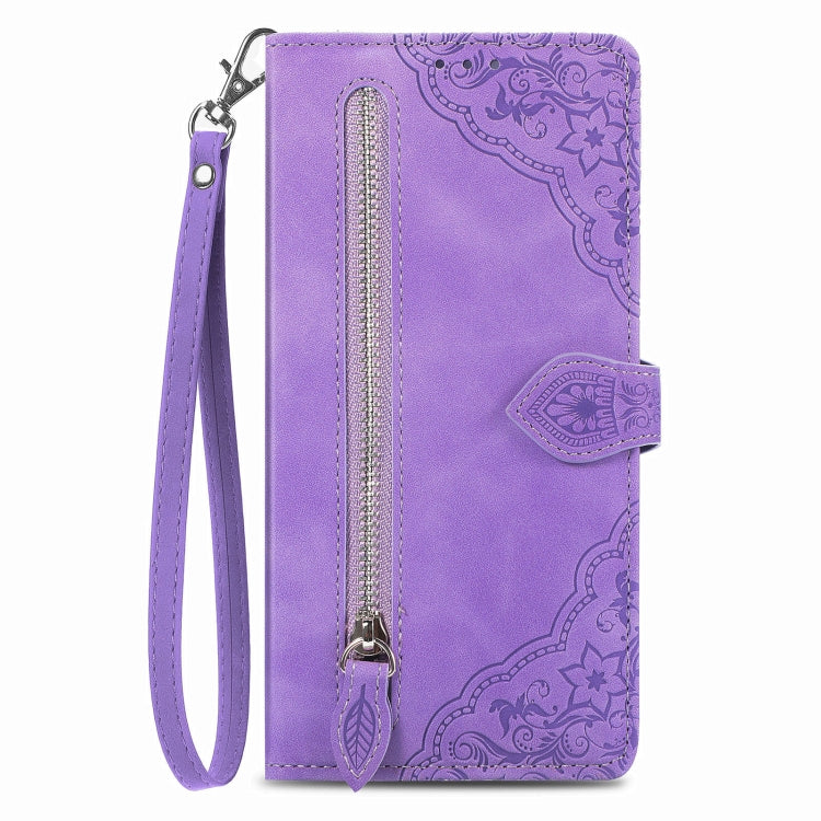 For Honor X9b Embossed Flower Zipper Leather Phone Case(Purple)