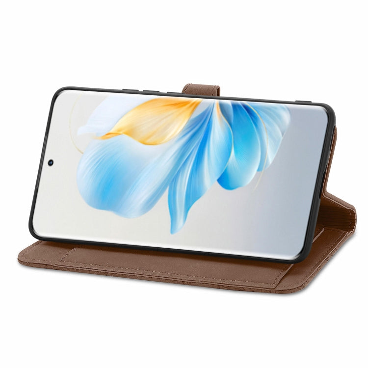 For Honor 100 Embossed Flower Zipper Leather Phone Case(Brown)