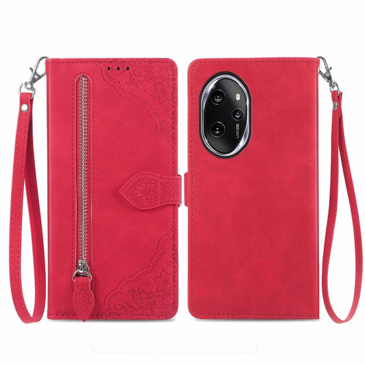 For Honor 100 Pro Embossed Flower Zipper Leather Phone Case(Red)