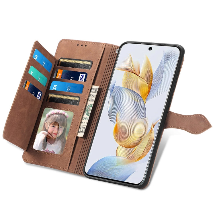 For Honor 90 Embossed Flower Zipper Leather Phone Case(Brown)