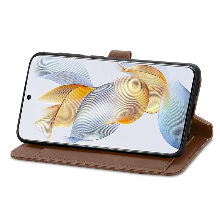 For Honor 90 Embossed Flower Zipper Leather Phone Case(Brown)