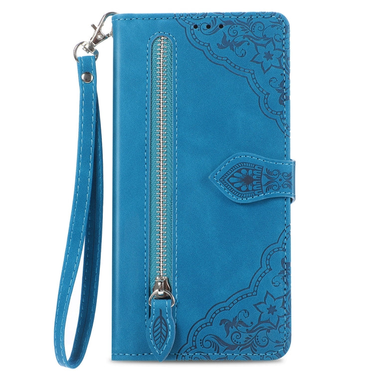 For Honor Magic6 Pro Embossed Flower Zipper Leather Phone Case(Blue)