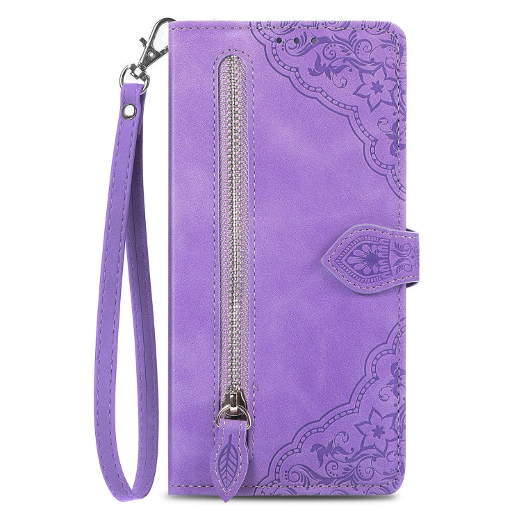 For Honor Magic6 Pro Embossed Flower Zipper Leather Phone Case(Purple)
