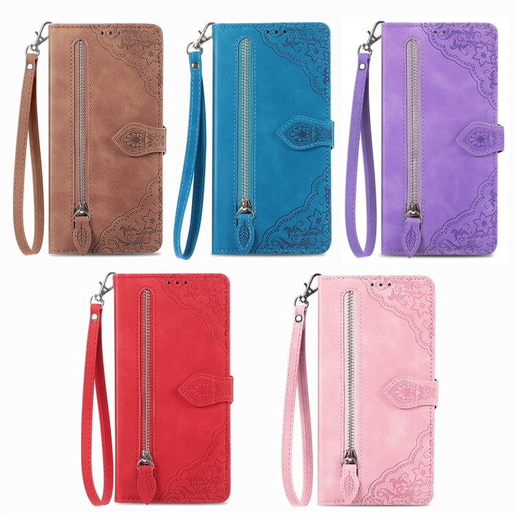 For Honor 100 Embossed Flower Zipper Leather Phone Case(Purple)