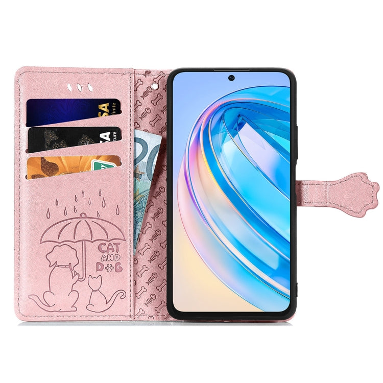 For Honor X6A Cat and Dog Embossed Leather Phone Case(Rose Gold)