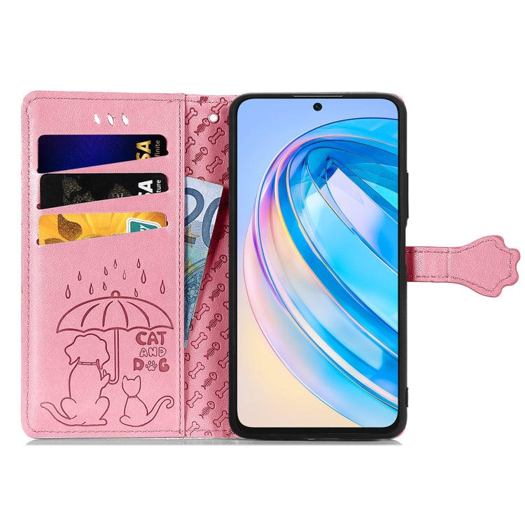 For Honor X6A Cat and Dog Embossed Leather Phone Case(Pink)