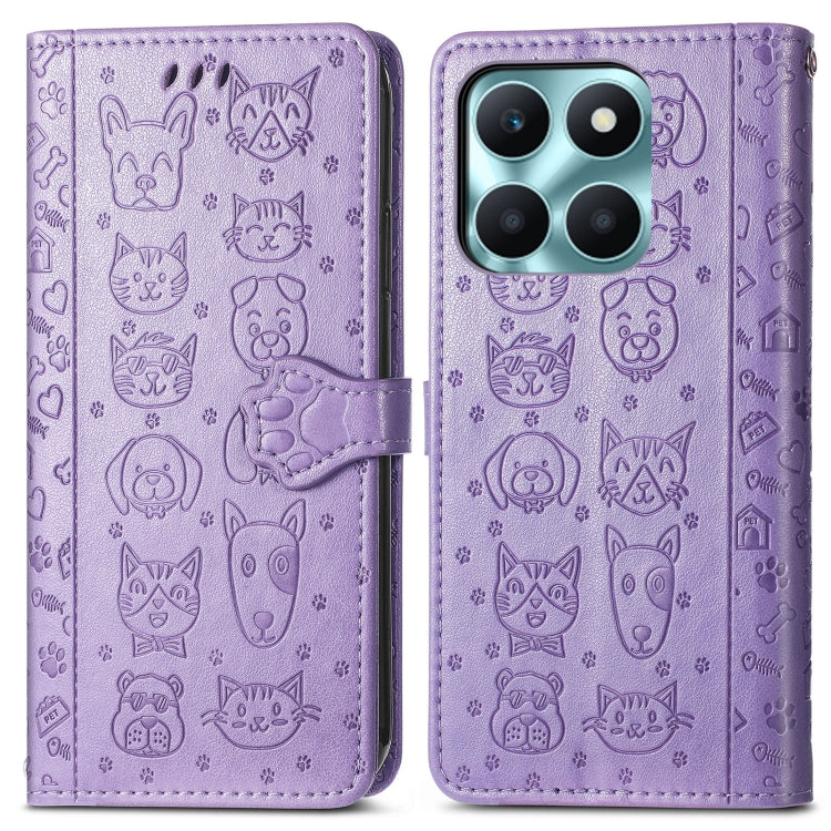 For Honor X6A Cat and Dog Embossed Leather Phone Case(Purple)