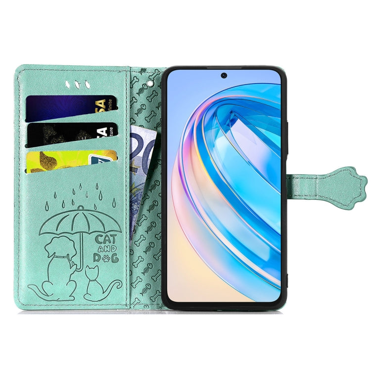For Honor X6A Cat and Dog Embossed Leather Phone Case(Green)