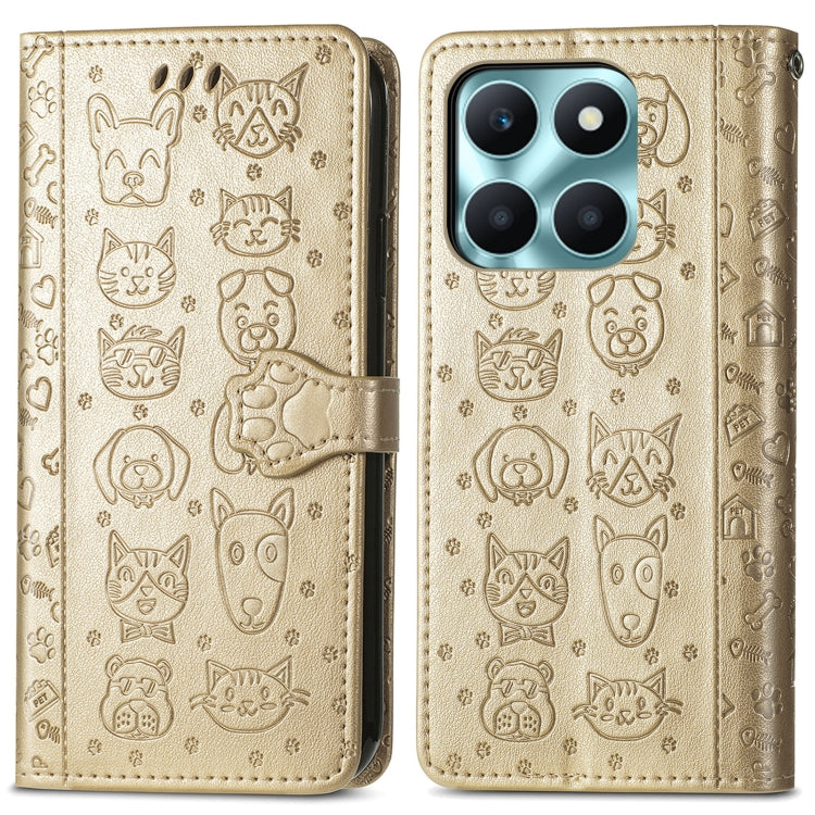 For Honor X6A Cat and Dog Embossed Leather Phone Case(Gold)