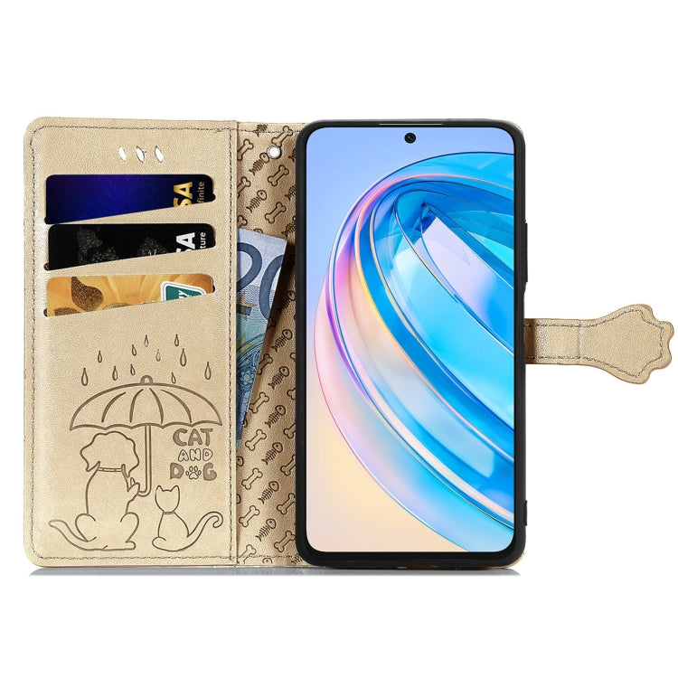 For Honor X6A Cat and Dog Embossed Leather Phone Case(Gold)