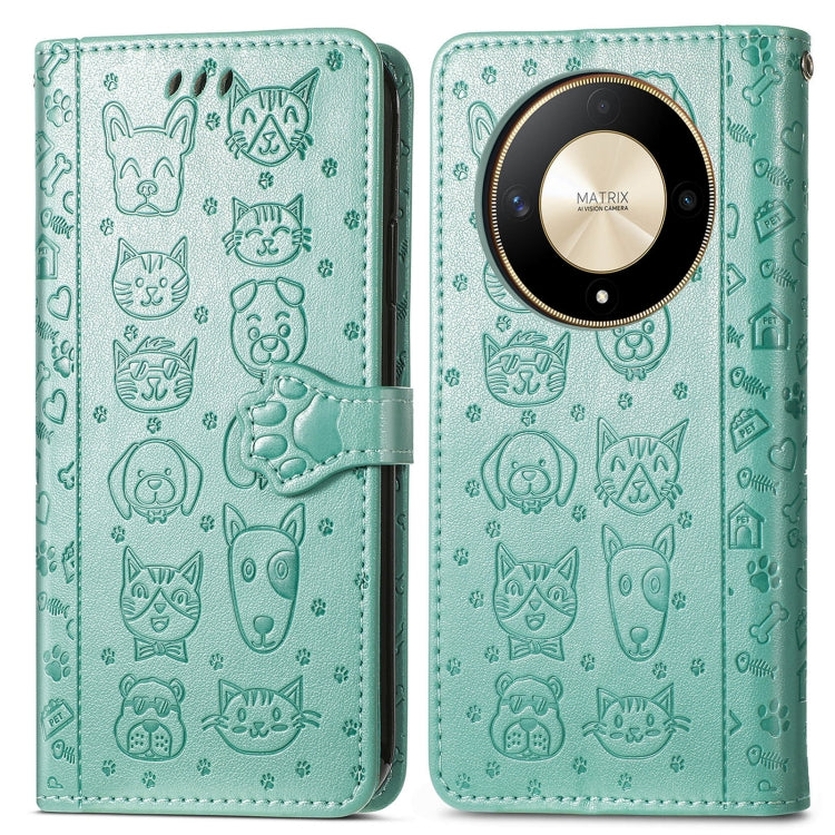 For Honor X9b Cat and Dog Embossed Leather Phone Case(Green)