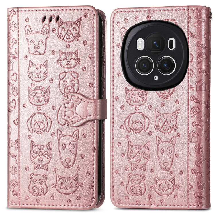For Honor Magic6 Pro Cat and Dog Embossed Leather Phone Case(Rose Gold)