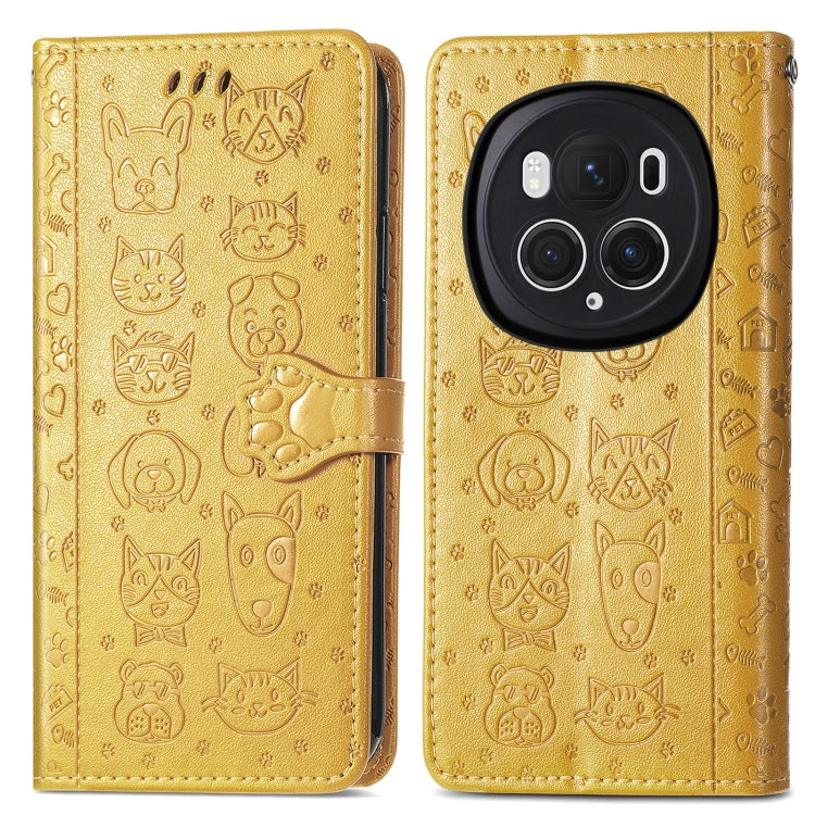 For Honor Magic6 Pro Cat and Dog Embossed Leather Phone Case(Yellow)