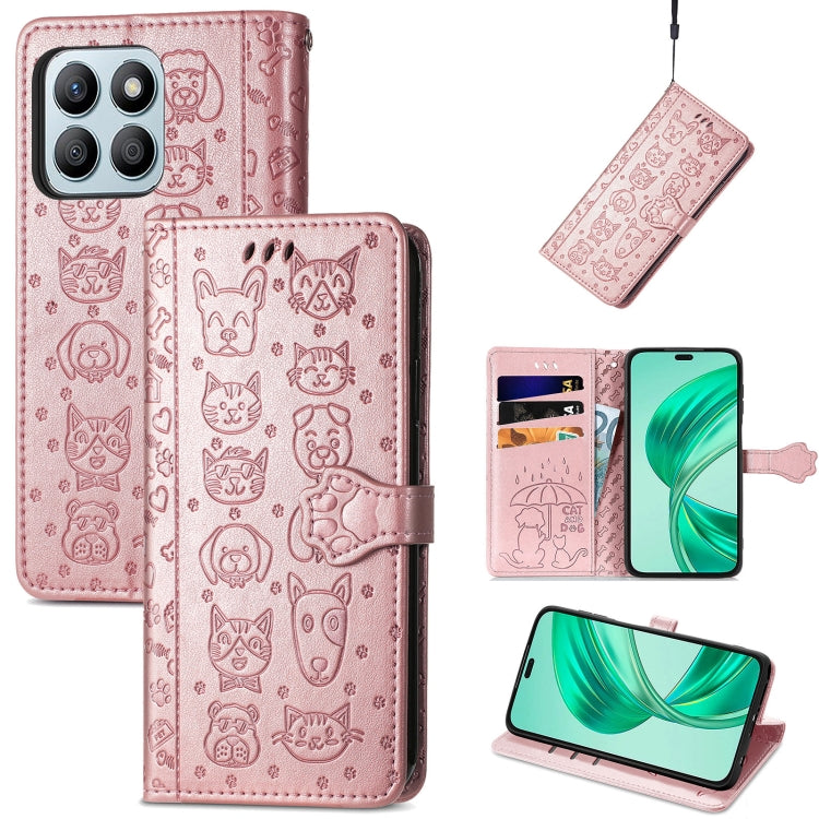 For Honor X8b Cat and Dog Embossed Leather Phone Case(Rose Gold)