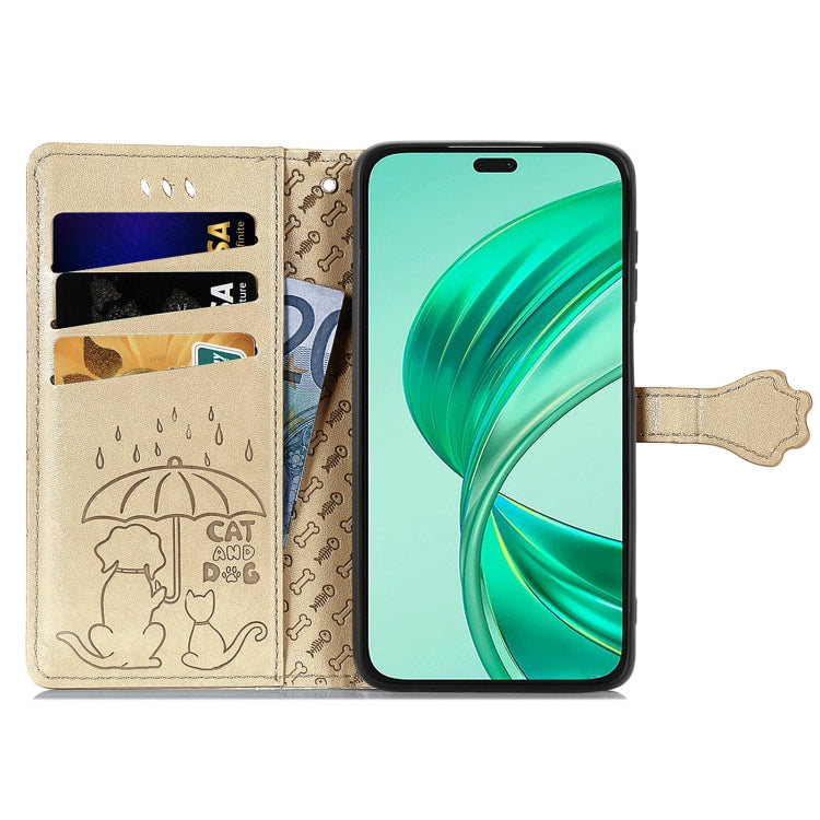For Honor X8b Cat and Dog Embossed Leather Phone Case(Gold)