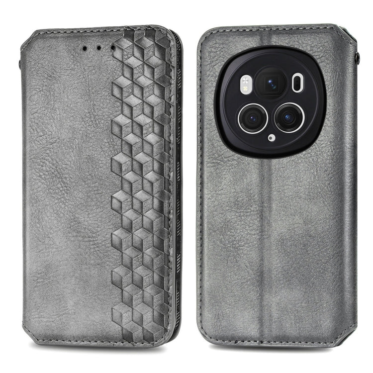 For Honor Magic6 Pro Cubic Grid Pressed Magnetic Leather Phone Case(Grey)