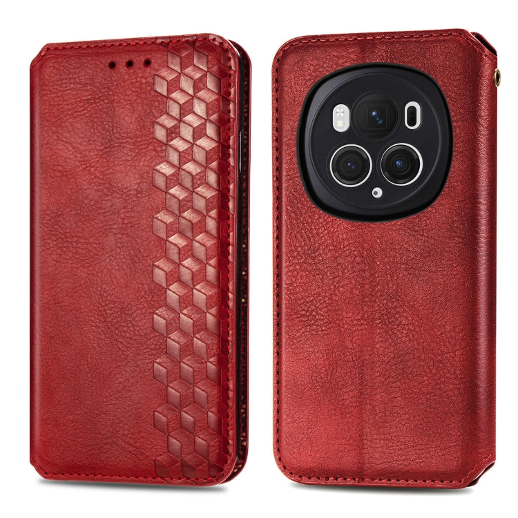 For Honor Magic6 Pro Cubic Grid Pressed Magnetic Leather Phone Case(Red)