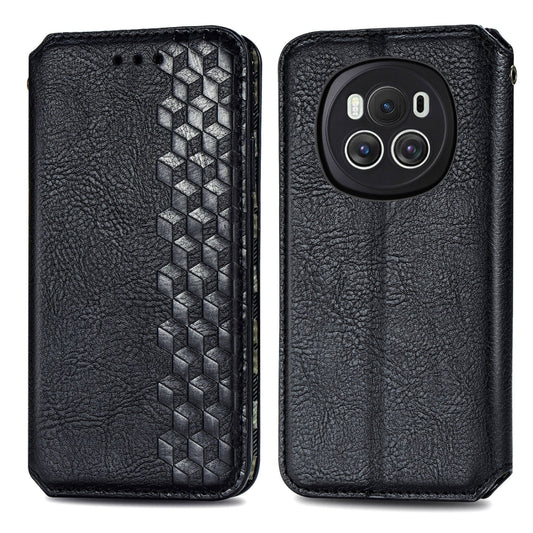 For Honor Magic6 Cubic Grid Pressed Magnetic Leather Phone Case(Black)
