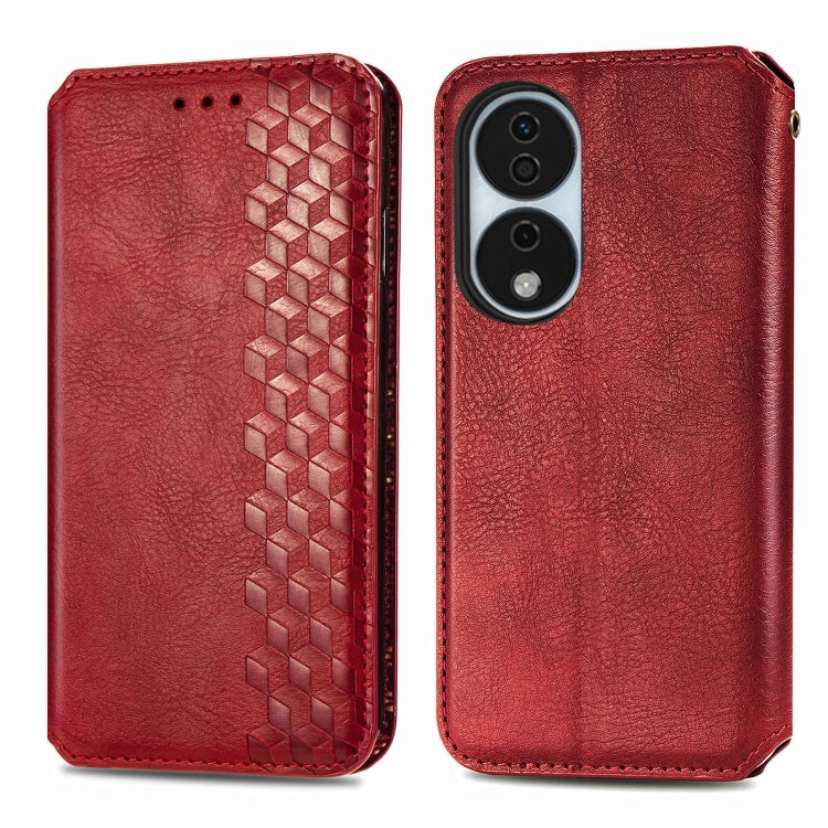 For Honor X7b 4G Cubic Grid Pressed Magnetic Leather Phone Case(Red)