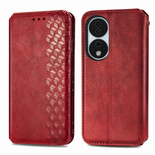 For Honor X7b 4G Cubic Grid Pressed Magnetic Leather Phone Case(Red)