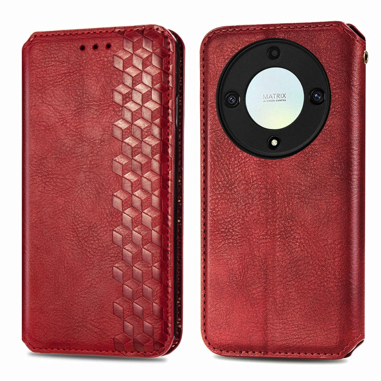 For Honor X9a Cubic Grid Pressed Magnetic Leather Phone Case(Red)